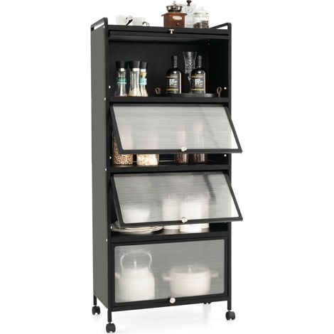 Kuchenregal mit rollen mobiler mikrowellenstander mit aufklappbaren pc turen 60 x 32 x 154 cm schwarz