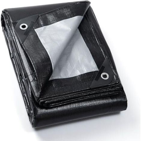 Bâche imperméable à œillets, 3 m x 6 m, noire/grise, toile tissée 190 g/m², polyvalente, résistante à la déchirure, stabilisée aux UV et résistante à la moisissure.