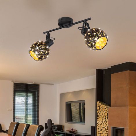 Deckenleuchte 2-flammig Metall Kristalle Esszimmer Design Deckenlampe mit beweglichen Spots, Metall schwarz gold, 2x E27, LxBxH 35x12x26 cm