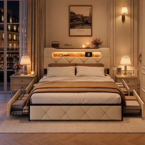 HYTKKBD - Lit Double 160x200cm,4 Tiroirs de Rangement,Lit Adulte avec Tête de lit LED,Port USB,lit avec Tiroirs,Sommier à Lattes,Velours - Beige (1/5)