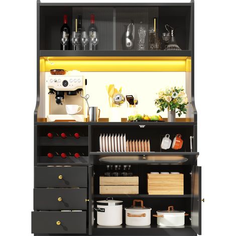 Buffet haut de cuisine Noir,meuble moderne avec LED,avec 3 tiroirs,plan de travail,prise avec USB,120x40x180cm,cuisine,salon