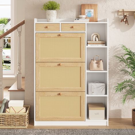 Meuble à Chaussures 90x24x130cm - Armoire en Rotin 3 Abattants 2 Tiroirs Niche Latérale Rangement - Blanc et Naturel (1/5)