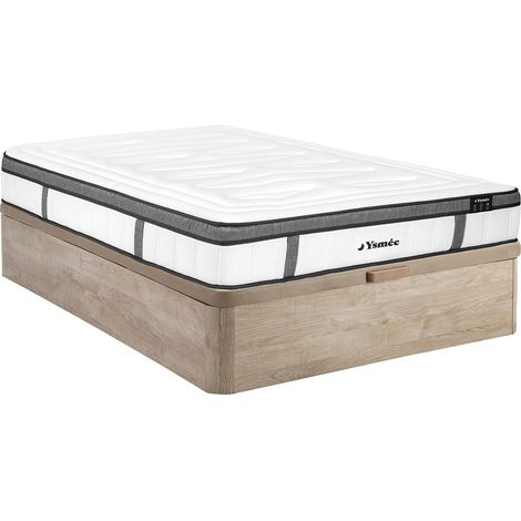 Ensemble 160 x 200 cm sommier coffre naturel clair + matelas hybride ressorts ensachés 7 zones et mémoire de forme ép.30cm - OLIANE de YSMÉE