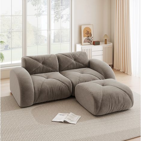 Sofá modular de 2 plazas con puf, chenilla color topo, 204 x 171 x 76 cm (1/5)