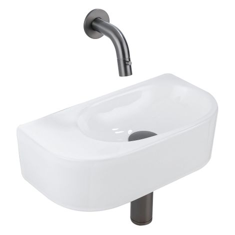 QeramiQ Fuente Ensemble de Lavabo - 40x21.5x12cm - lisse - demi-rond - céramique - ensemble de robinet gunmetal - bouchon de vidange - siphon abaissé (1/5)