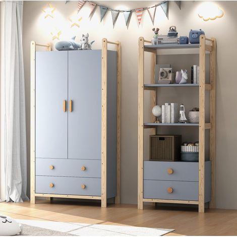 Armario con estantería de madera maciza y MDF azul/natural, barra para colgar, 2 cajones y 3 huecos abiertos, 180,5 cm (1/5)