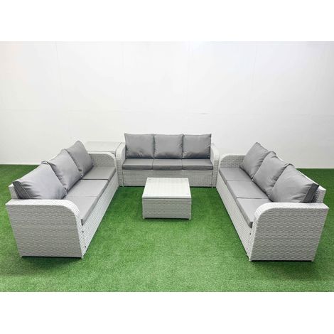 Fimous PE Rattan Lounge Sofa Set 9 Seater Outdoor Garden Furniture Set with Square Coffee Table 3 Seater Sofa Side Table Light Grey (1/4)