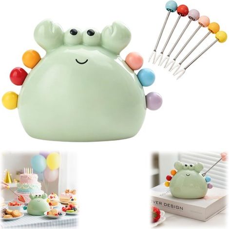 Porte-fourchettes en céramique 13,5 x 10,3 cm - pot décoratif en crabe avec 6 fourchettes, vert (1/5)