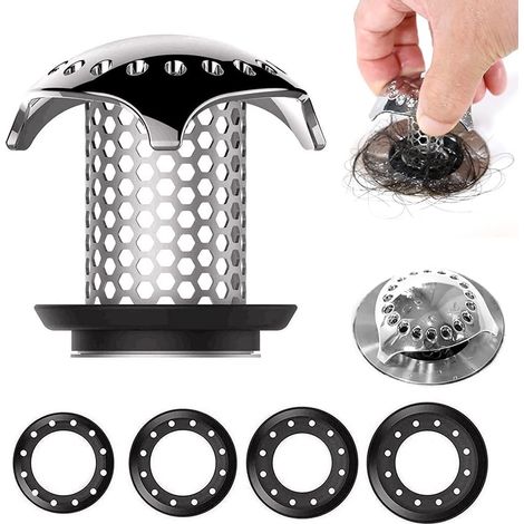 BEBUSINGOTO Haarfangsieb für Badewanne und Dusche, Edelstahl-Haarfangsieb für Duschabflüsse, Abflussgrößen von 1,25" bis 2", 4 Gummistreifen (1/5)