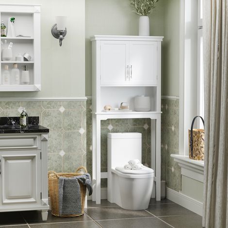 Rangement Meuble WC dessus de toilette avec placard à porte double étagère réglable et niche 71 x 20,5 x 165 cm - blanc
