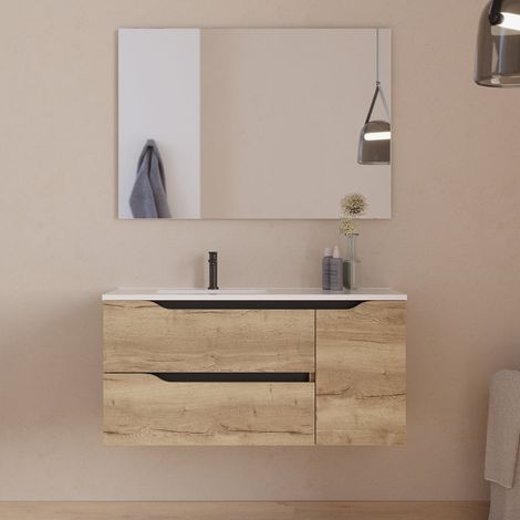 Meuble de salle de bain 100cm avec vasque déportée à gauche et miroir - 2 tiroirs et un placard - madera miel (bois clair) - ZARZA