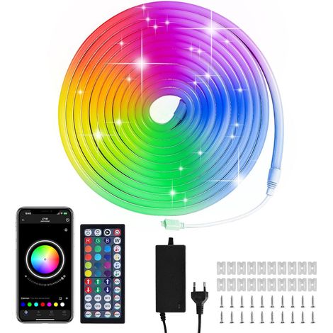 5M RGB Néon Ruban LED, Bande LED 108 LED/Mètre, IP65 Étanche, 12V, APP et Télécommande, 420 LED, Synchronisation de la Musique pour Chambre à Coucher, Salle de Jeux, Extérieur, Fête (1/5)
