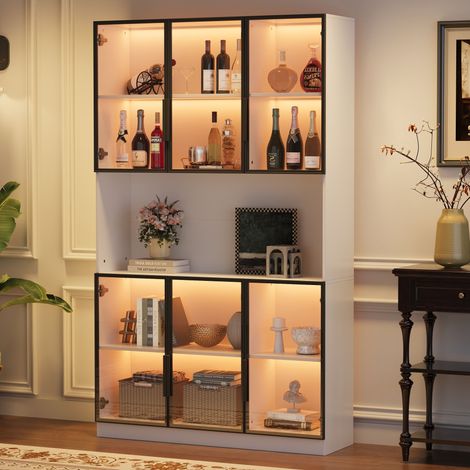 Vitrine LED 120x34x200 cm Armoire Haute Saon Multifonction avec Éclairage LED, 6 Portes Vitrees et Espace Rangement Ouvert - Blanc (1/5)