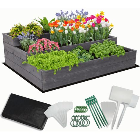 MODO24 Carré potager surélevé en bois, 3 niveaux en cascade, 36x117x93 cm, jardin/terrasse, kit jardinier inclus, gris imprégné