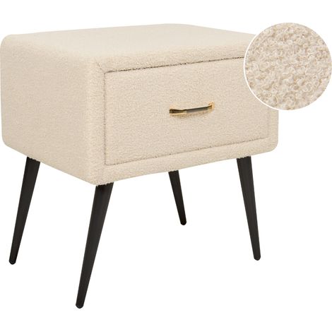 Mesa de noche tapizada minimalista cajón bouclé beige Flayat