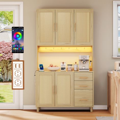 Credenza da cucina/buffet da 183 cm con luci decorative a LED controllabili tramite app, 2 porte USB, 2 prese di corrente, ripiani regolabili, 3 cassetti e maniglie in metallo dorato, ideale per cucin