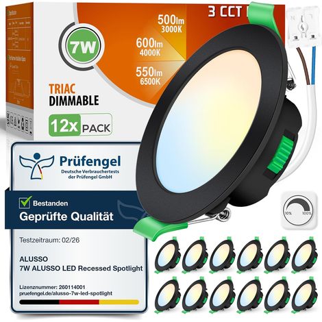 Lot de 6 Spot LED Encastrable 68mm,7W Led Spot Dimmable AC 220-240V,3000K 4000K 6500K Étanche IP44 Réglable Plafonnier Encastré pour Salle de Bain,Salon,Chambre,Cuisine,Rond,Noir (1/5)