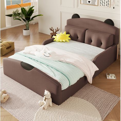 Etagenbett 140/200 cm con rivestimento in lino, testiera a forma di orso e 2 cuscini decorativi (1/5)