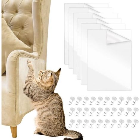 Protection Canape Chat Griffe Lot de 6 Protecteur de Meubles avec 30 vis, Anti Griffe Sticker Transparent Autocollant de Protection (1/4)