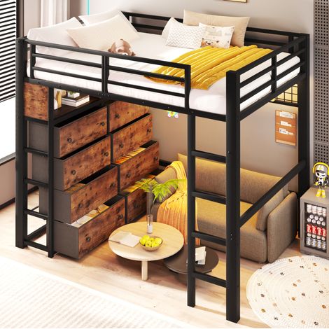Kinder-Hochbett 140 x 200 cm mit 8 Schubladen, LED, Regalen und Lochwand, Schwarz HAVRYA (1/5)