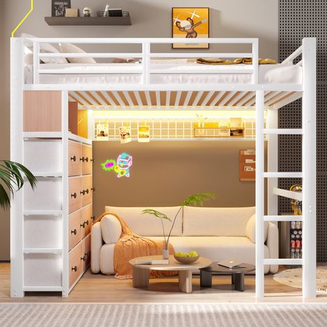 Lit mezzanine 140x200 cm blanc avec 8 tiroirs - étagères et ruban LED, lit surélevé 2 personnes moderne, gain de place, pour chambre (1/5)