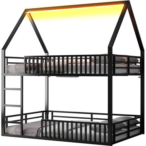 Litera tipo casa 140 x 200 cm en metal negro con LED y barrera de protección MODENUIT (1/5)