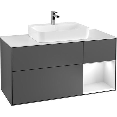 Finion, Muebles de baño, 1200 x 603 x 501 mm, Angular, con estantería (iluminada), modelo suspendido, En madera, lavabo en el medio, iluminación LED, 1x LED / 2.3W, 2700 K a 6480 K, Lacado Blanco Bril