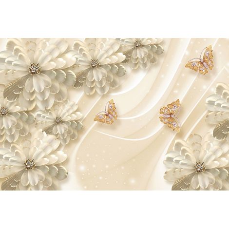 Papier peint panoramique - Fleurs Papillons 3D - 130 cm x 87 cm (1/2)