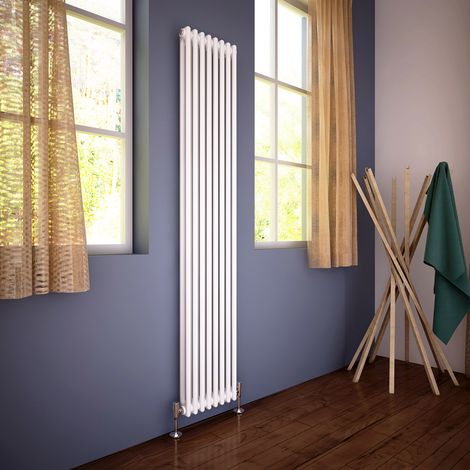 ELEGANT Traditional Radiator 1800 x 380mm Vertical Double Column Cast Iron Style Radiator White + Angled Radiator Valves (1/5)