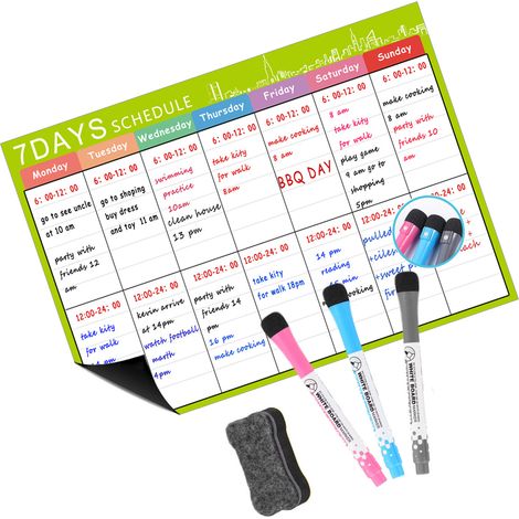 Tableau blanc aimanté calendrier effaçable au sec magnétique frigo flexible mémo message avec 3 marqueurs 1 gomme planning hebdomadaire mensuel organisateur liste tâches note murale lot A3 42x30cm 16. (1/3)