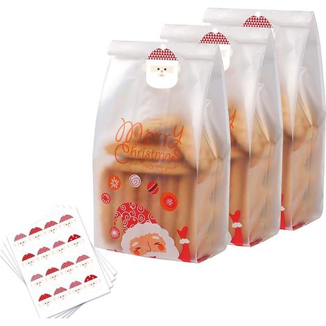 50 Sachets à Biscuits de Noël Translucides avec Stickers, Sacs Plastique Père Noël pour Gâteaux, Bonbons, Chocolat, Snacks, Boulangerie, Pain, Cupcakes, Donuts (1/5)