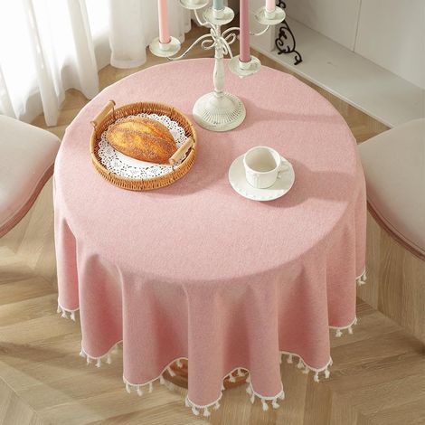 Nappe ronde unie à pompons, en coton, multi-usages pour l'intérieur et l'extérieur (rouge, diamètre 150 cm) (1/3)