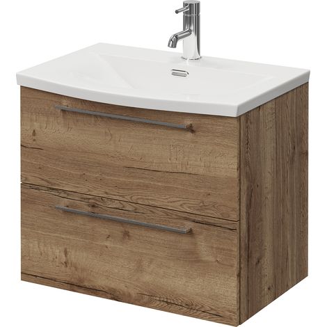 Napoli 390 Tobacco Oak 600mm Wall Mounted 2 Drawer Vanity Unit with Arc Basin - 600mm - Chrome 320mm Handle