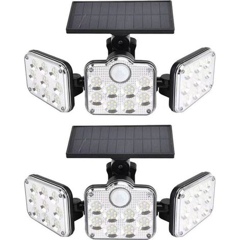 Lot de 2 projecteurs solaires extérieurs 138 LED 2200 lm avec télécommande, étanche IP65, 3 têtes réglables, grand angle 270°, lumière de sécurité sans fil pour garage, terrasse, porche, jardin (1/4)