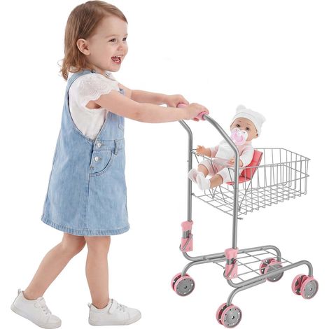 Chariot de Courses pour Enfants, Cadre en Métal, Chariot de Supermarché Jouet avec Poupée, pour Enfants de 3 ans et plus, avec Roues et Panier en Maille Dense, Pliable, Panneau Arrière Relevable (1/5)