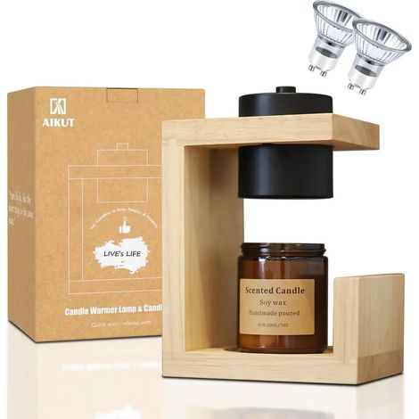 Lampe à cire fondue – livrée avec 2 ampoules, compatible avec minuterie et variateur, base simple en bois naturel. (1/5)