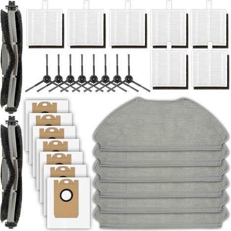 (30 pièces) T20+ T25+ T30+ Pièces de rechange accessoires pour aspirateur robot Airrobo T20+ T25+ T30+, 2 brosses rotatives, 8 brosses latérales, 7 sacs à poussière, 7 filtres HEPA, 6 serpillères (1/5)