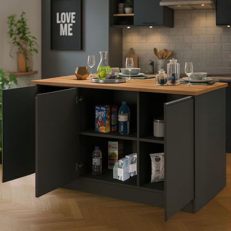 Îlot de Cuisine, Armoire Polyvalente, Meuble de kitchenette, Table auxiliaire, 155x90h90 cm, Anthracite et Chêne (1/5)