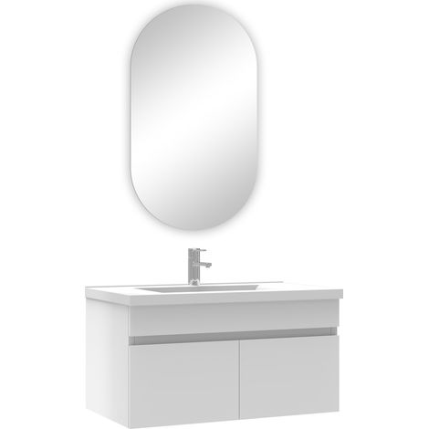 Ocean ensemble meubles Salle de Bain simple vasque 80cm + miroir ovale Blanc