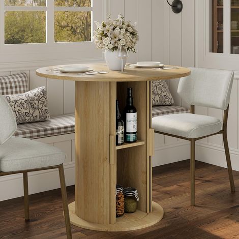 Table à Manger Ronde 80 cm avec Rangement Caché Coulissant, Table de Cuisine Gain de Place pour 2-4 Personnes, Bois Naturel (1/5)