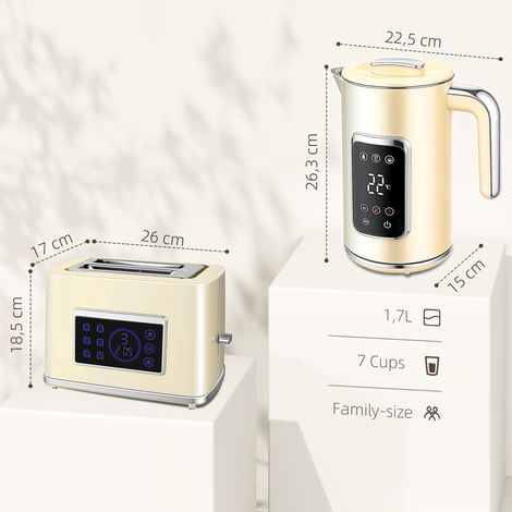 Ensemble petit-déjeuner avec écran tactile LED, bouilloire 1,7 L 2200 W, grille-pain 2 tranches à fentes larges, couleur crème (1/5)