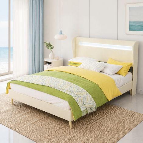 Cama 140x200 con cabecero tapizado LED de color regulable, beige, OKMYHOME (1/5)