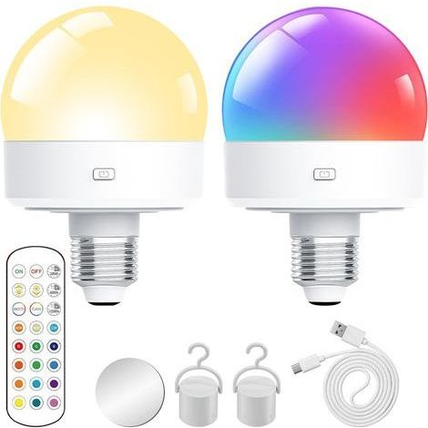 Ampoule rechargeable USB, lot de 2 ampoules LED avec télécommande, 15 couleurs, parfaites pour le camping et la décoration. (1/5)