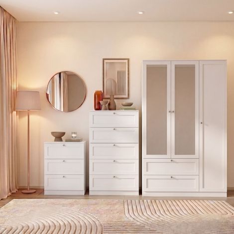 Altino 3 Piece Bedroom Set with 3 Drawer Bedside, 5 Drawer Chest, 3 Door 2 Drawer Wardrobe, White