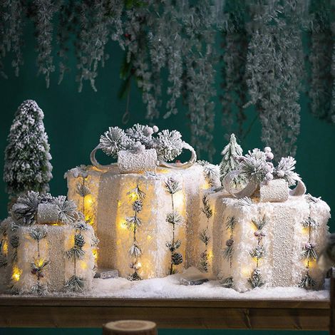 Décorations de Noël d'intérieur - Lot de 3 boîtes décoratives lumineuses en fer, boîte cadeau pour vitrine, décoration pour sapin de Noël, boîte cadeau floquée (1/2)