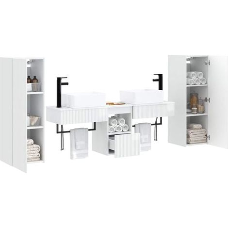 Ensemble Meuble Salle de Bain 5 Pièces - Design Moderne Blanc Brillant, Armoire de Rangement et Miroir pour WC (1/5)