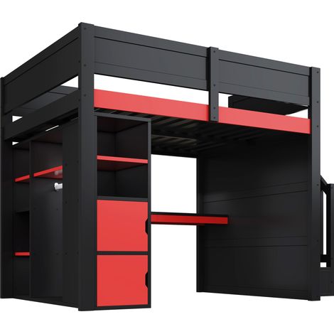 Cama alta gaming 140x200 con escritorio, LED y almacenaje, negro y rojo (1/5)