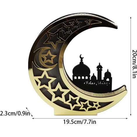 Ramadan-Dekoration aus Holz, LED-Licht, Eid Mubarak, durchbrochener goldener Mond, festliche Lampe (1/5)