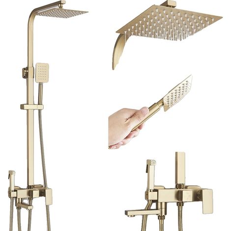 Ensemble de douche, monté au mur, système de douche pluie, 8 pouces or brossé (1/2)