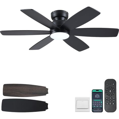 Ventilateur de plafond 117 cm avec lumière, télécommande et APP, ventilateur bas profil encastrable, 3 températures de couleur, 6 pales réversibles 6 vitesses, moderne pour chambre et salon, noir (1/5)